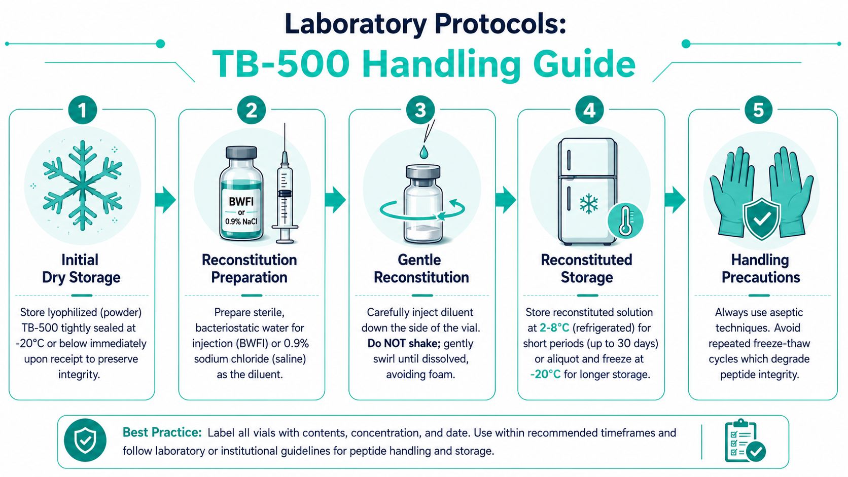 An infographic detailing the five-step laboratory protocol for the proper storage, preparation, and handling of TB-500 peptides.
