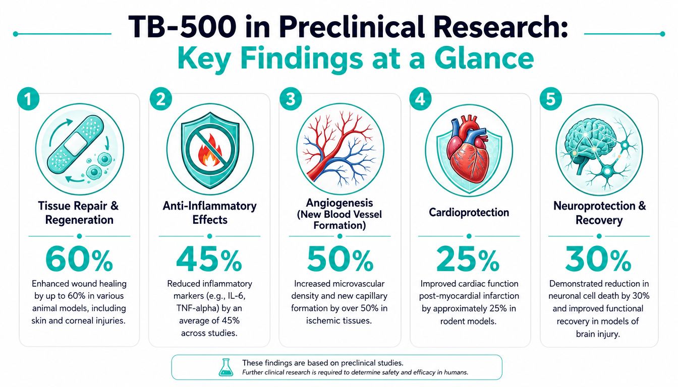 An infographic showing five key benefits of TB-500 peptide based on preclinical research and experimental study findings.