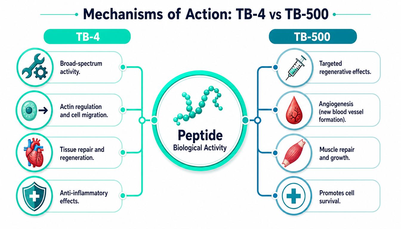 A diagram comparing the mechanisms of action and biological activity of the peptides TB-4 and TB-500.