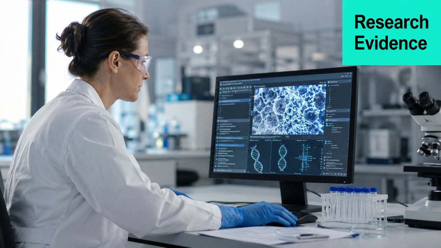 A female scientist wearing goggles and gloves analyzes DNA and cell samples on a computer screen.