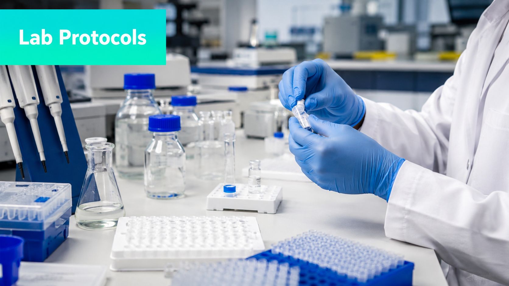A scientist in a white coat and blue gloves works in a laboratory setting handling samples.