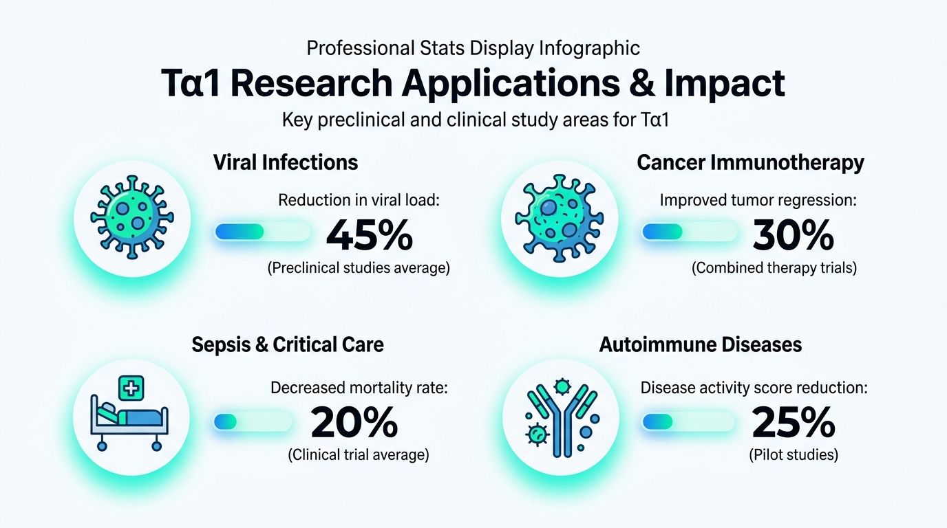 An infographic showing research applications and clinical impact percentages for thymosin alpha 1 therapy across four medical fields.