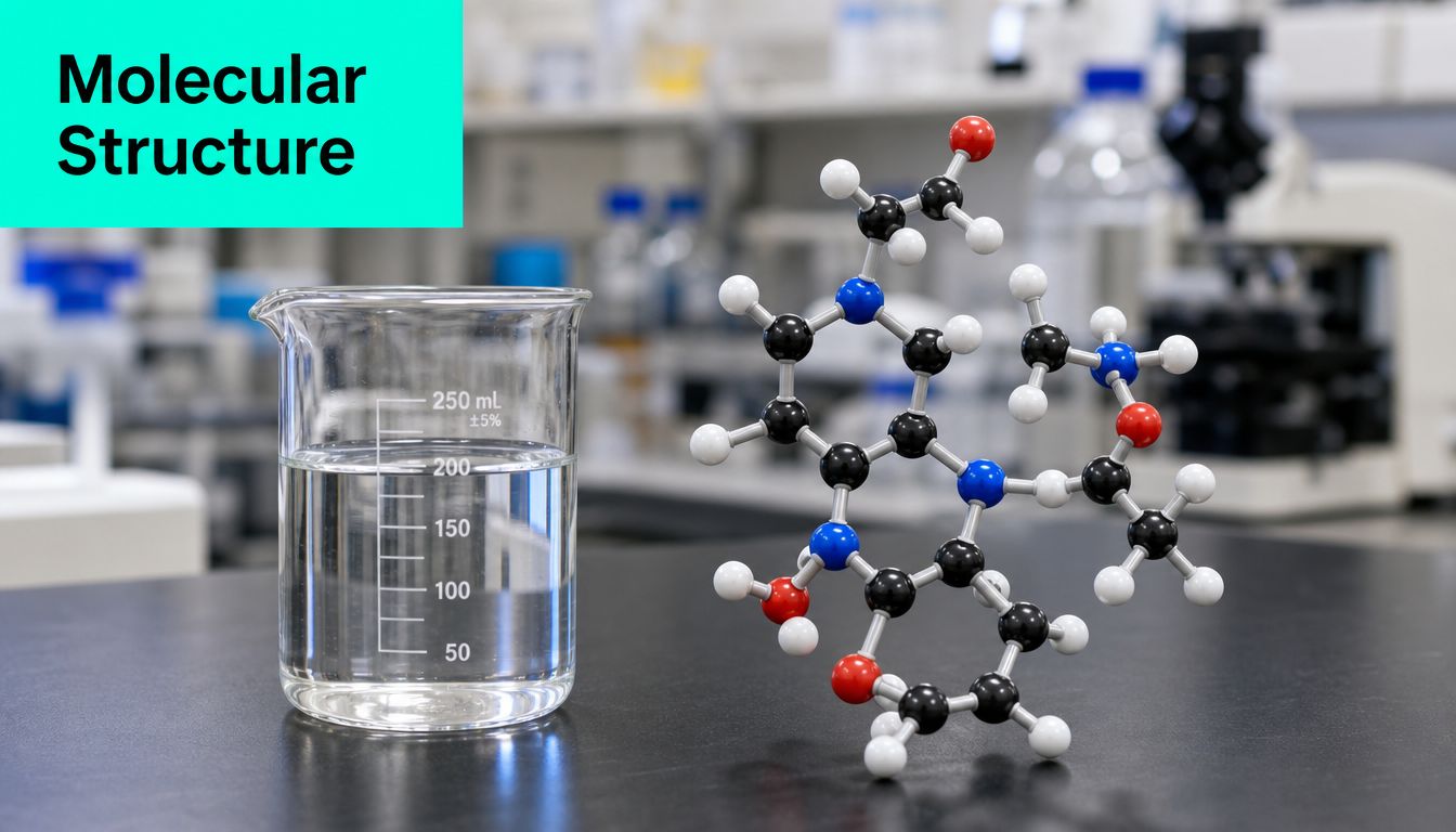 A laboratory setting with a glass beaker of clear liquid next to a complex molecular structure model.