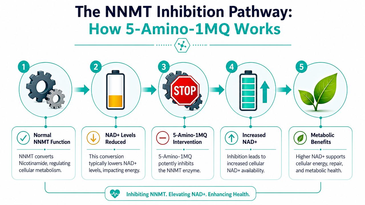 A diagram illustrating the NNMT inhibition pathway showing how 5-Amino-1MQ increases cellular NAD+ levels and metabolic health.