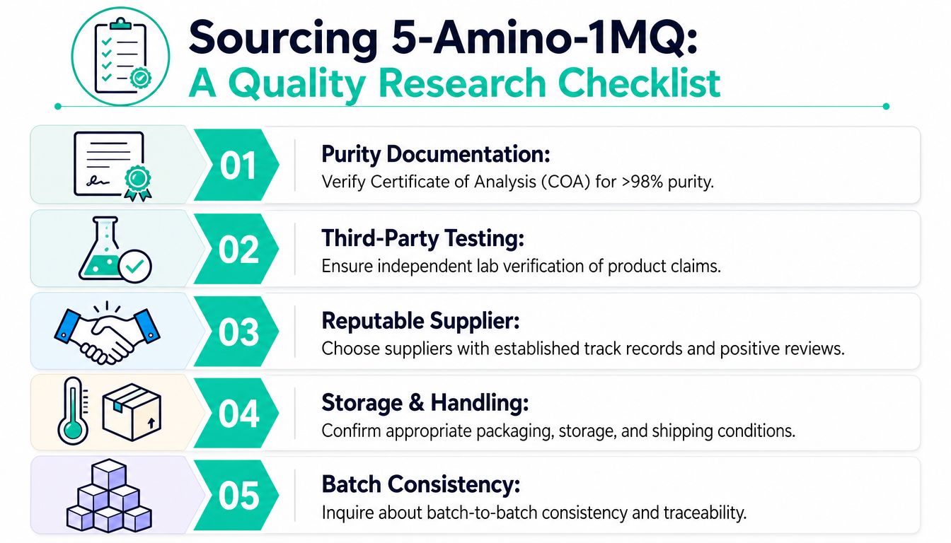 A five-point quality research checklist for sourcing 5-Amino-1MQ, including purity, testing, and supplier reliability.