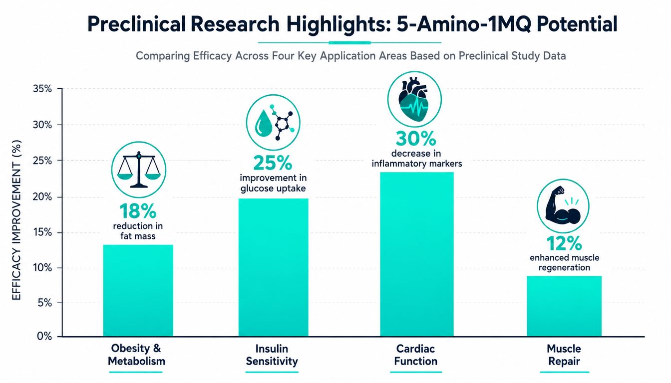 A bar chart titled Preclinical Research Highlights showing the efficacy percentages of 5-Amino-1MQ across four medical applications.