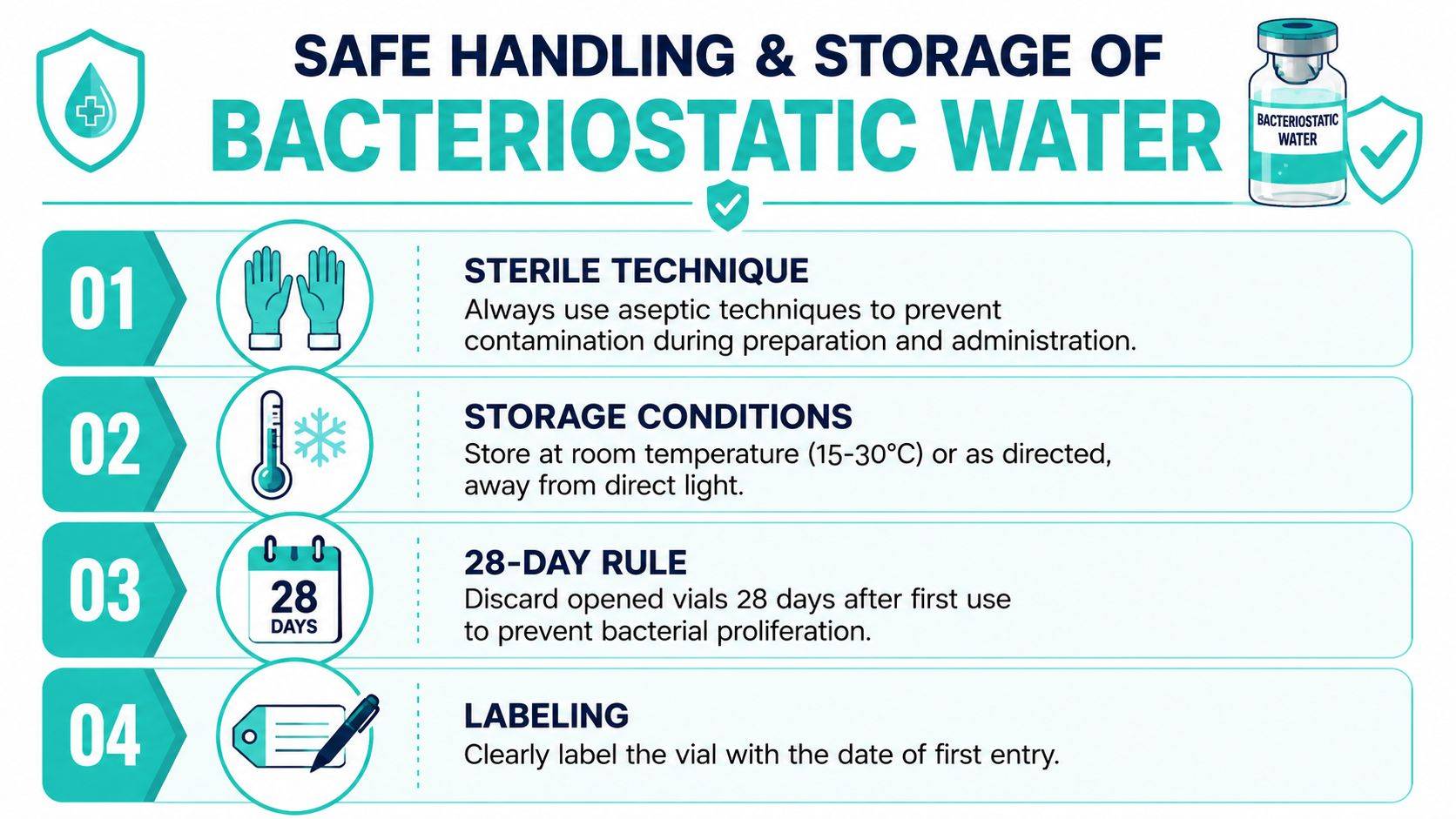 An infographic detailing the essential steps for the safe handling and storage of bacteriostatic water.