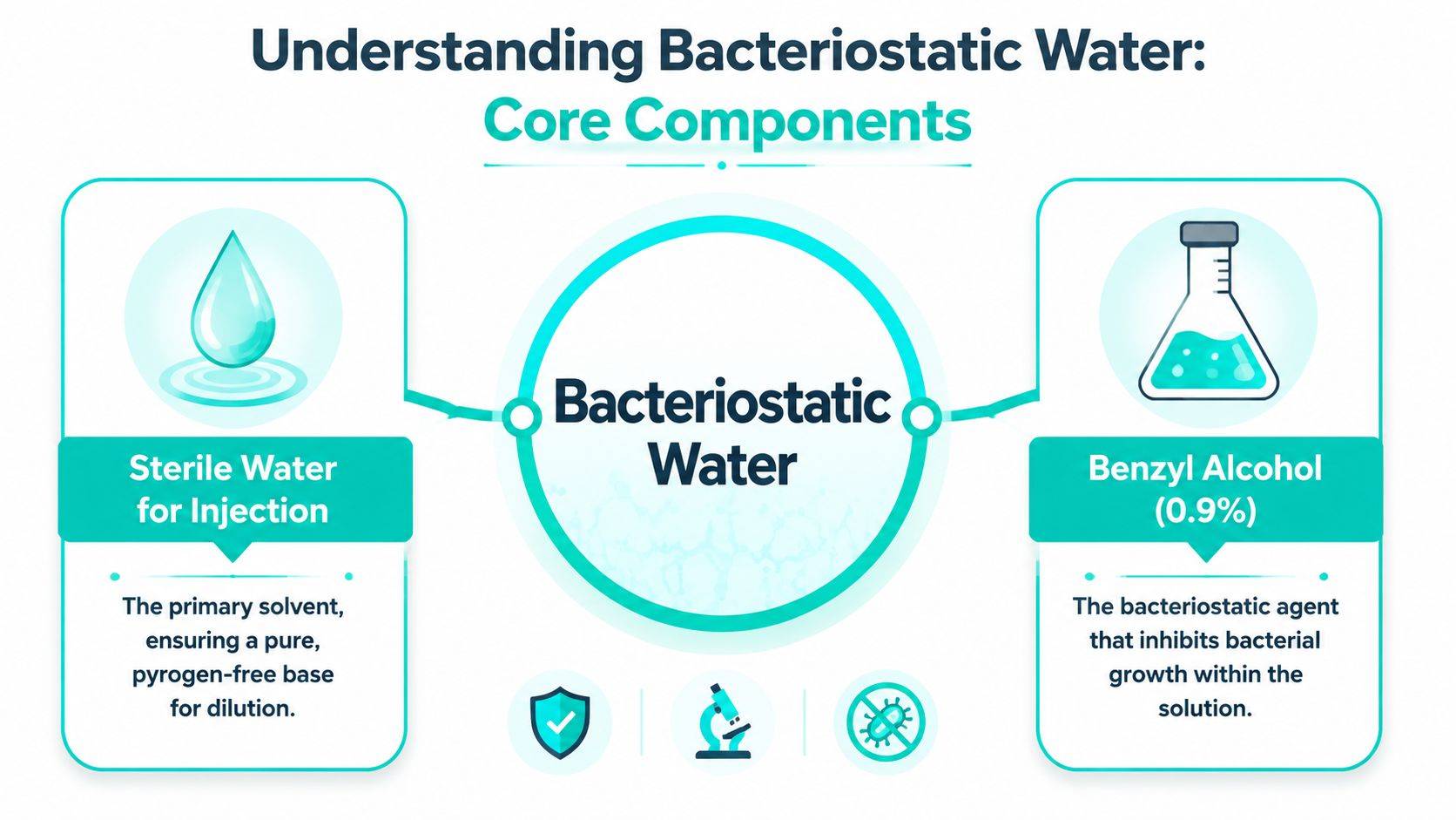 An infographic detailing the core components of bacteriostatic water, specifically sterile water for injection and benzyl alcohol.