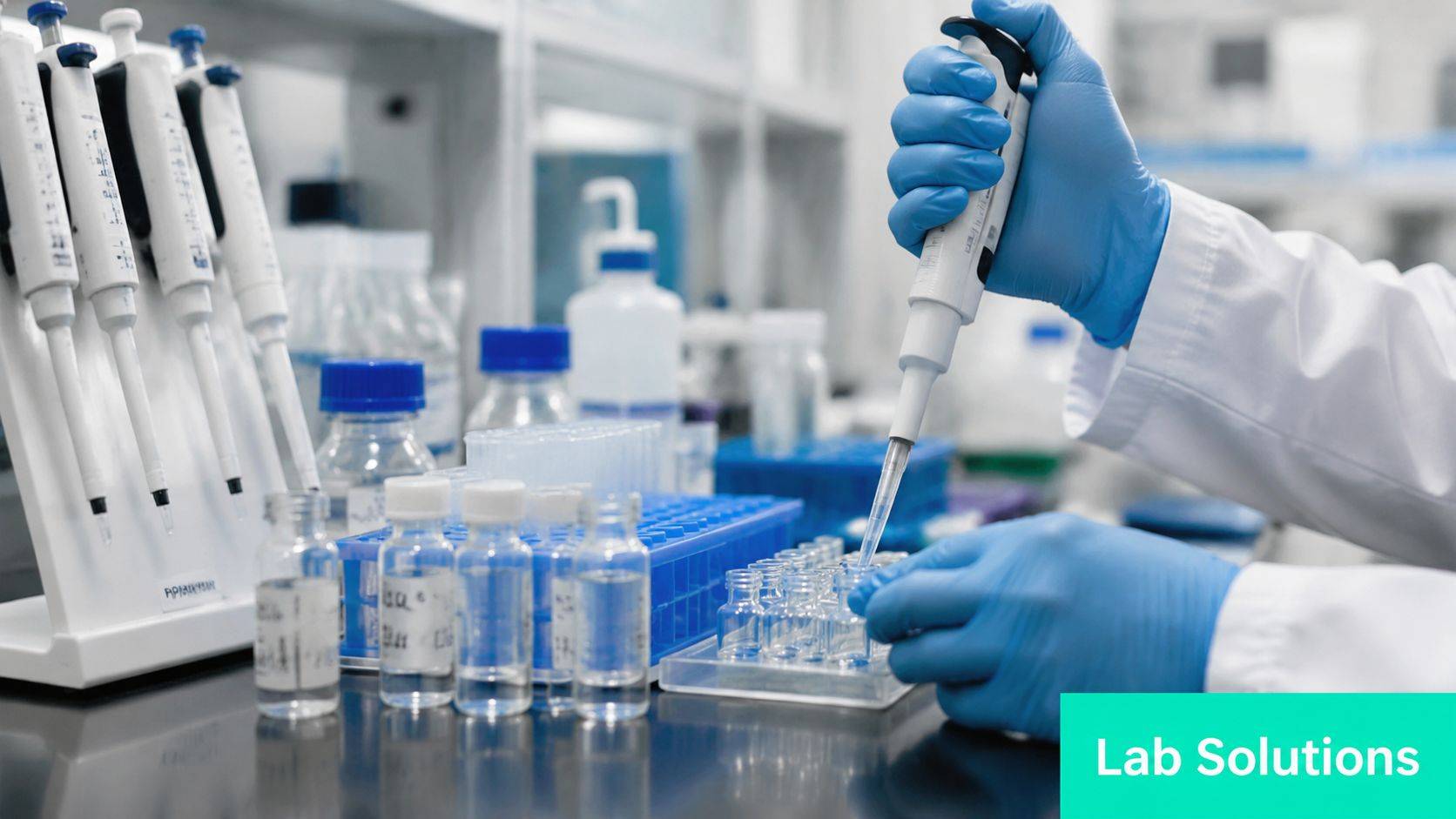 A scientist in a laboratory using a pipette to fill small glass vials with clear liquid.