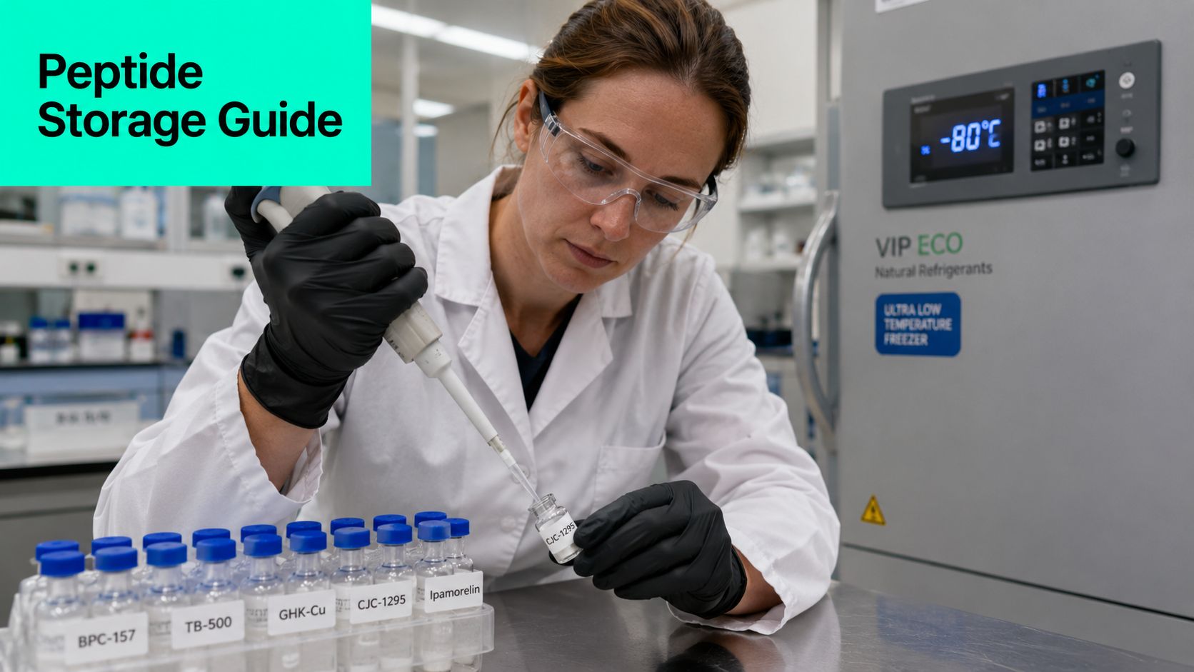 A female scientist in a laboratory holding a pipette over a vial labeled CJC-1295 for peptide storage.