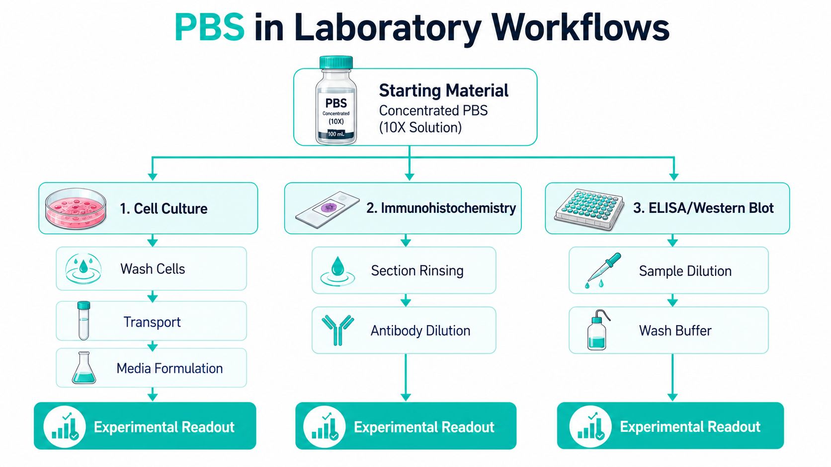 Flowchart showing how concentrated PBS solution is used in laboratory workflows for cell culture, immunohistochemistry, and immunoassays.