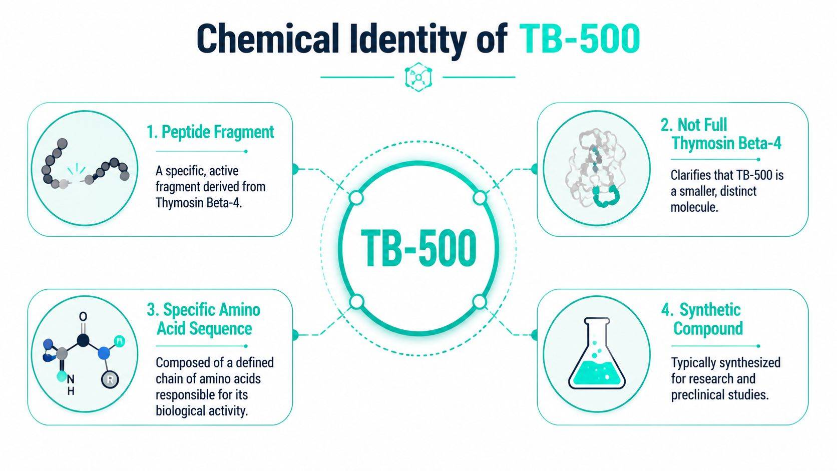 An infographic titled Chemical Identity of TB-500 explaining it as a synthetic peptide fragment of Thymosin Beta-4.