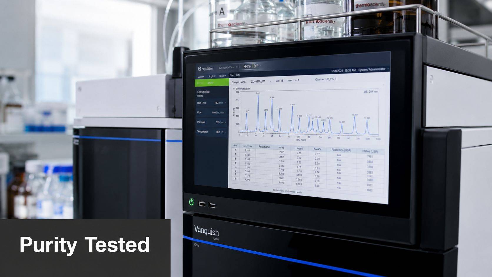 A close up view of a Thermo Scientific Vanquish Core HPLC system displaying a chromatogram on its screen.