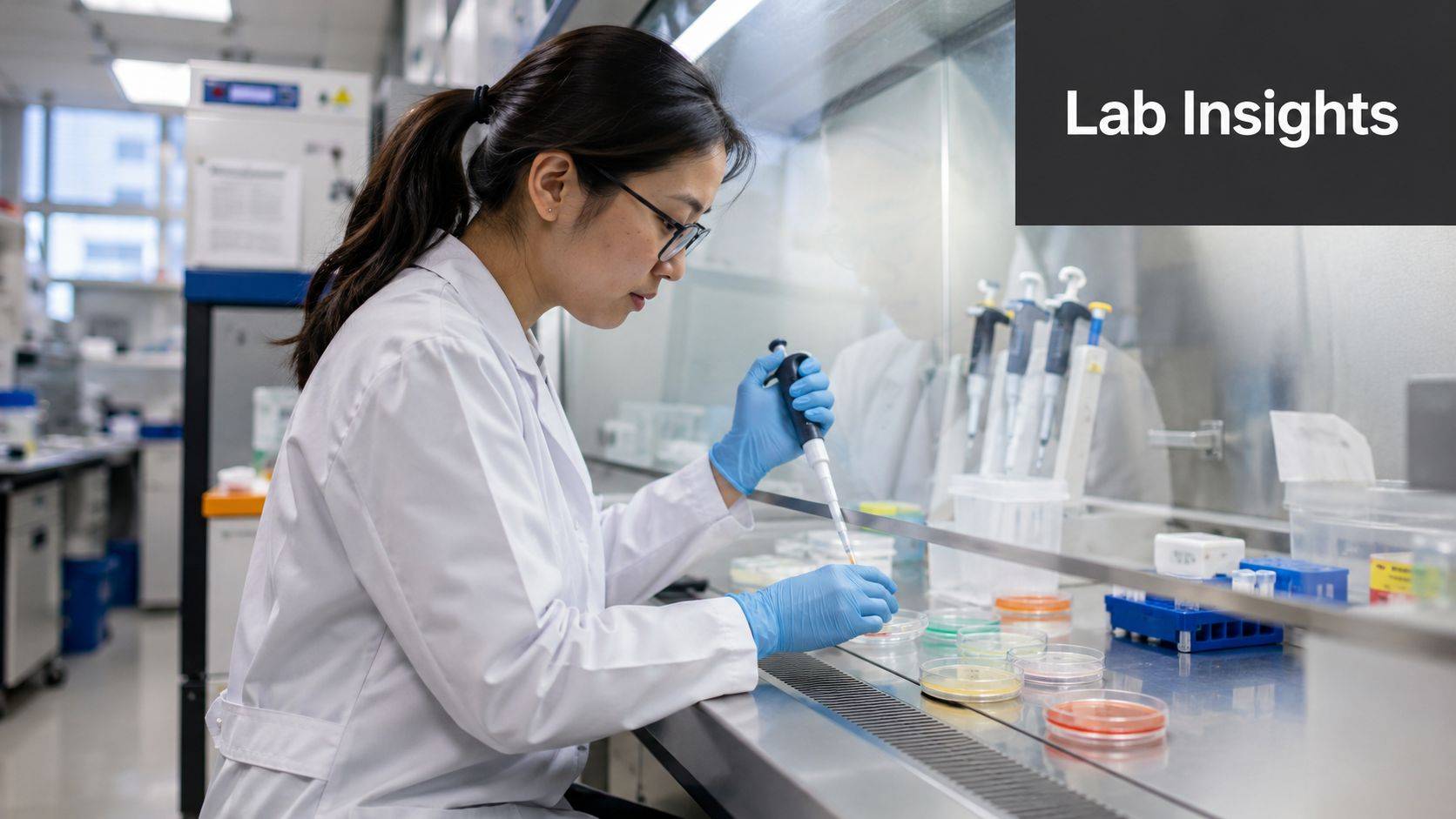 A female scientist in a white lab coat conducting an experiment with a pipette in a laboratory setting.