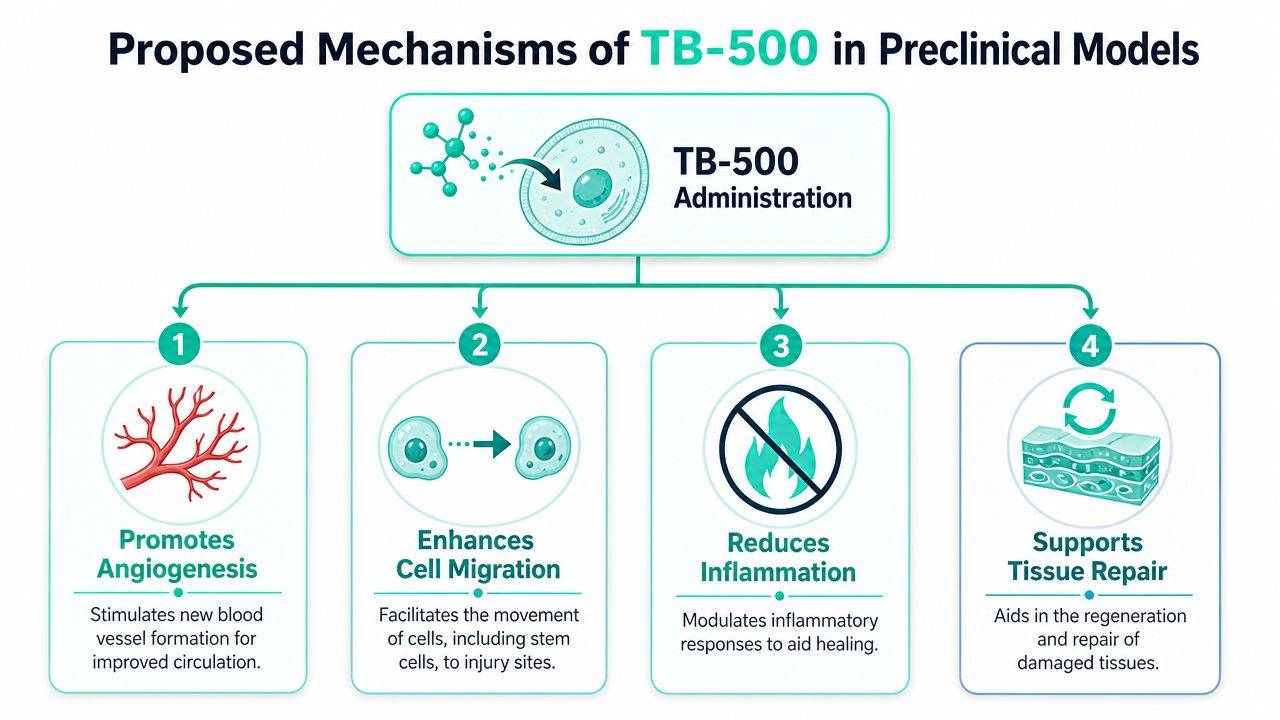 A diagram illustrating four proposed mechanisms of TB-500 peptide in preclinical models, including angiogenesis, cell migration, and tissue repair.