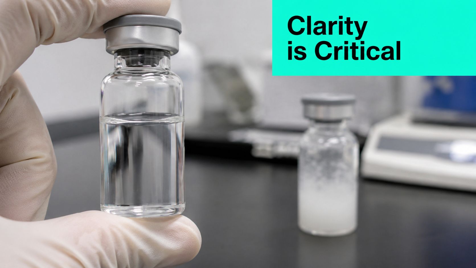 A gloved hand holds a clear vial of sterile liquid next to a cloudy suspension vial.