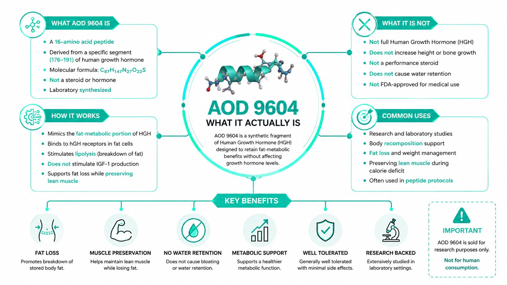 An infographic explaining the characteristics, mechanism, benefits, and scientific context of the peptide AOD 9604.