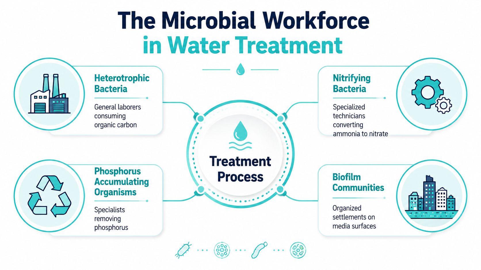 An infographic titled The Microbial Workforce in Water Treatment showing four types of beneficial bacteria roles.