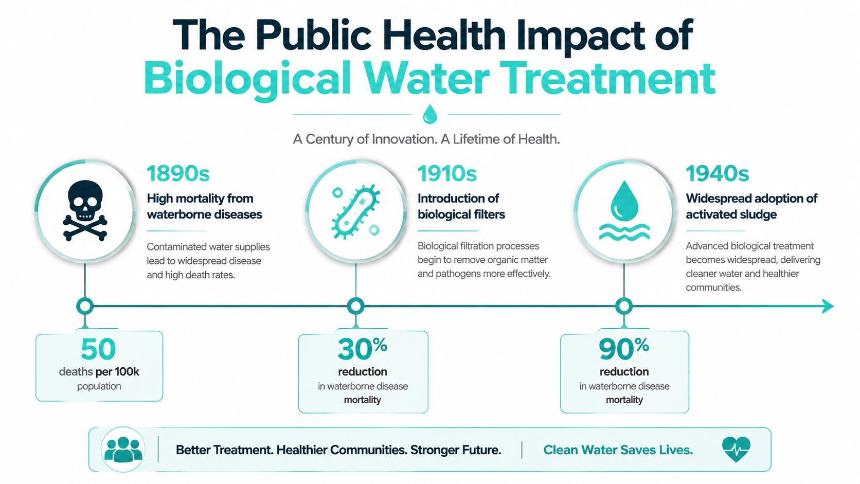 A historical infographic timeline detailing the public health impact and mortality reduction of biological water treatment methods.