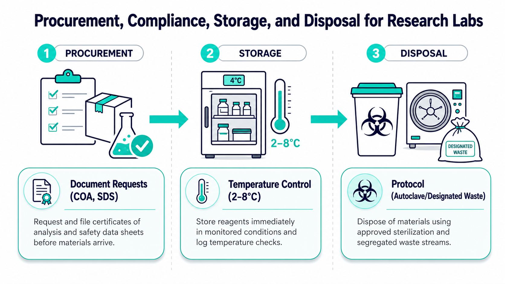 A diagram illustrating the three essential stages for managing research lab materials: procurement, storage, and disposal.