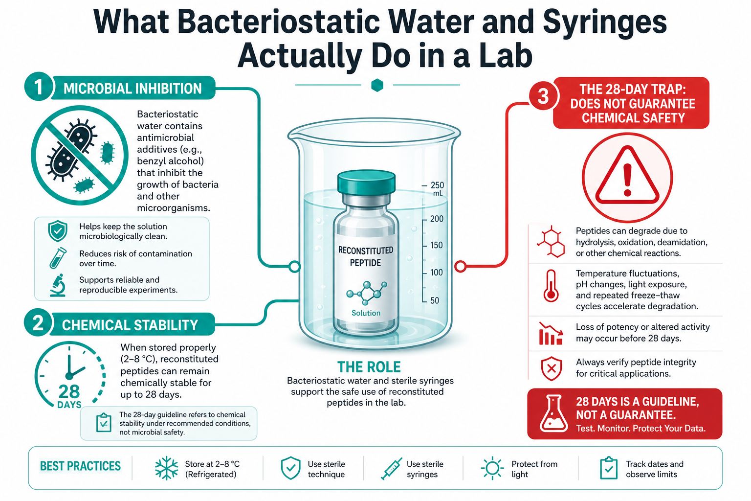 An infographic explaining the role of bacteriostatic water and sterile syringes in laboratory peptide reconstitution and storage.