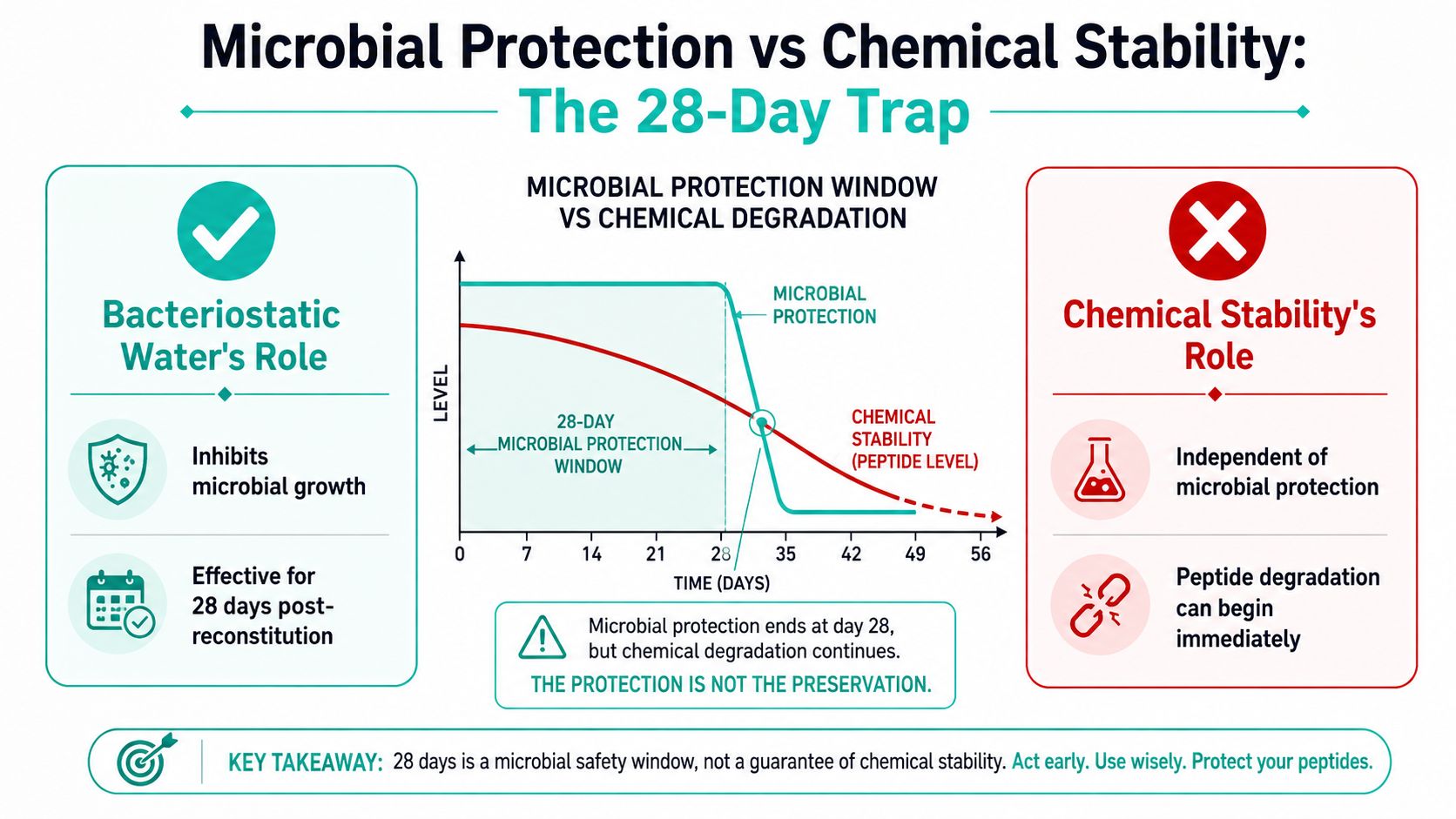 An infographic showing the 28-day limit of bacteriostatic water versus the ongoing degradation of chemical peptides.