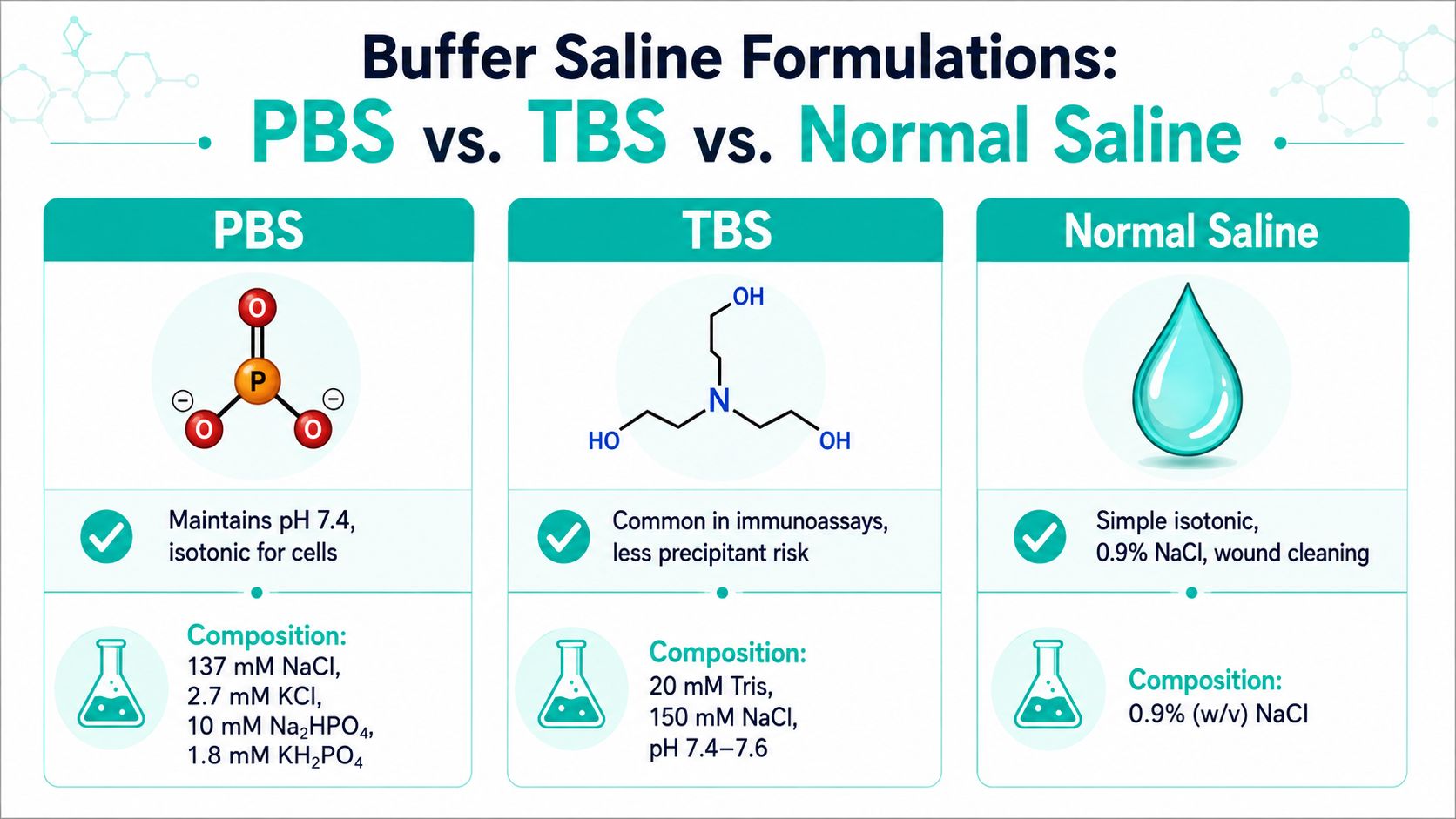 A comparison chart outlining the ingredients and primary uses of PBS, TBS, and normal saline buffer solutions.