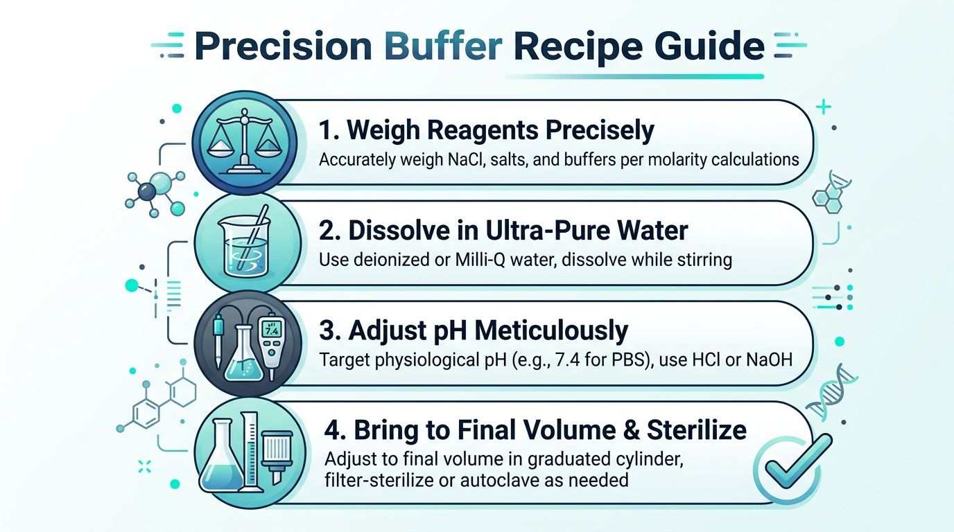 An infographic titled Precision Buffer Recipe Guide outlines the four essential steps for preparing laboratory buffer solutions.