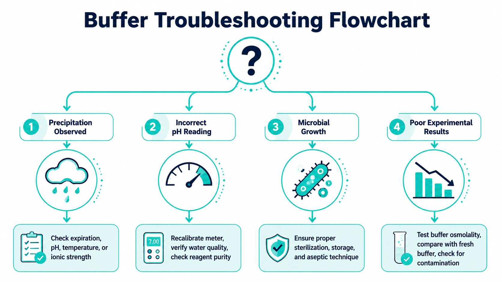 A troubleshooting flowchart illustrating solutions for buffer issues like precipitation, incorrect pH, microbial growth, and poor results.