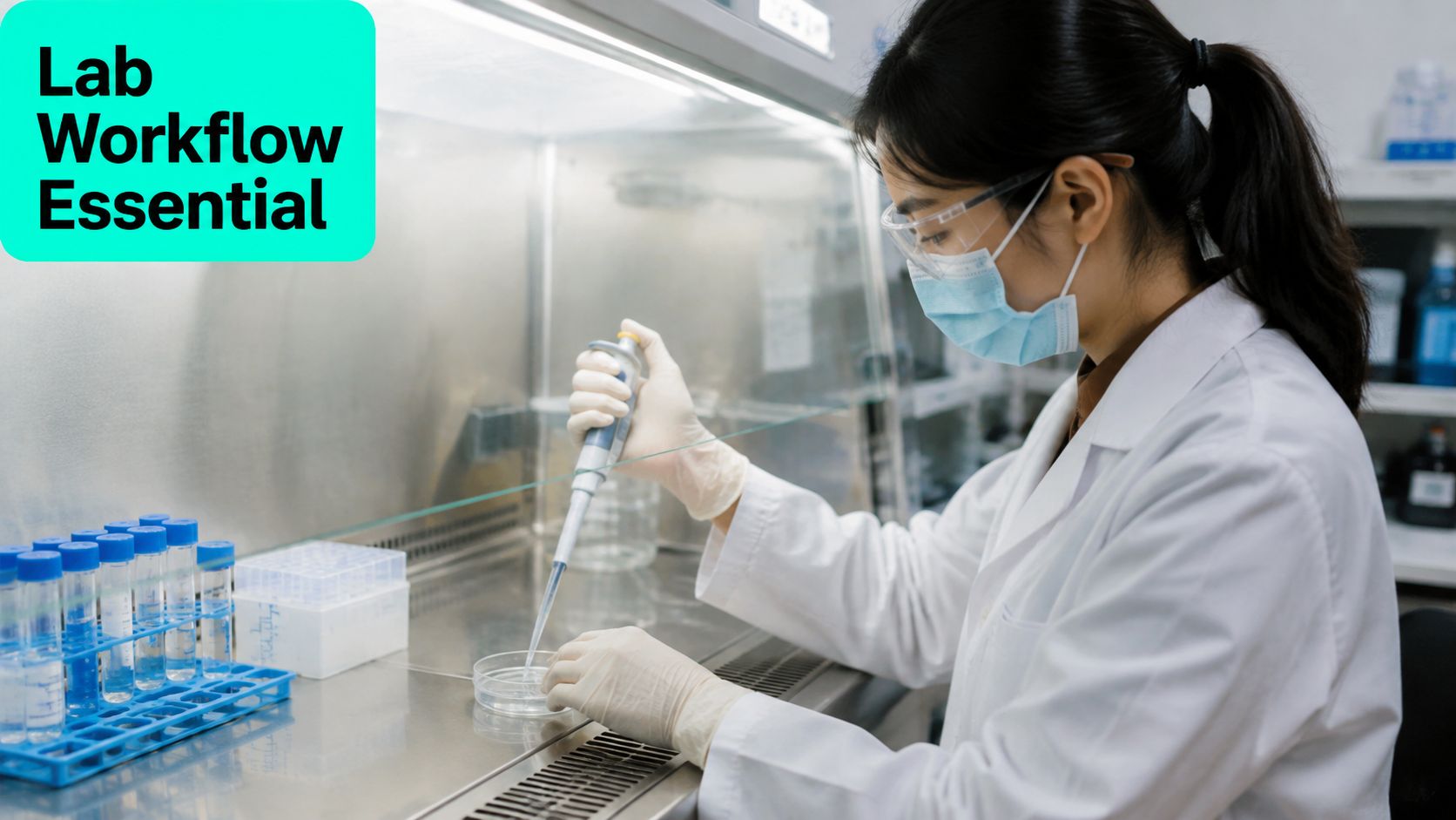 A scientist in a lab coat and protective gear pipetting liquid into a petri dish inside a hood.