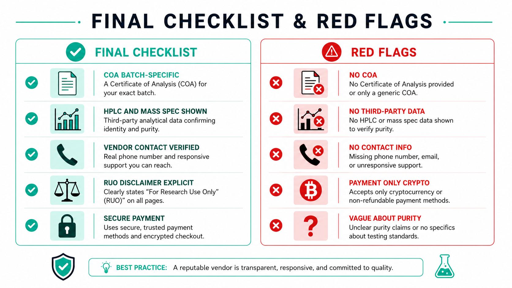 A checklist infographic comparing best practices and red flags when sourcing chemical research products from vendors.