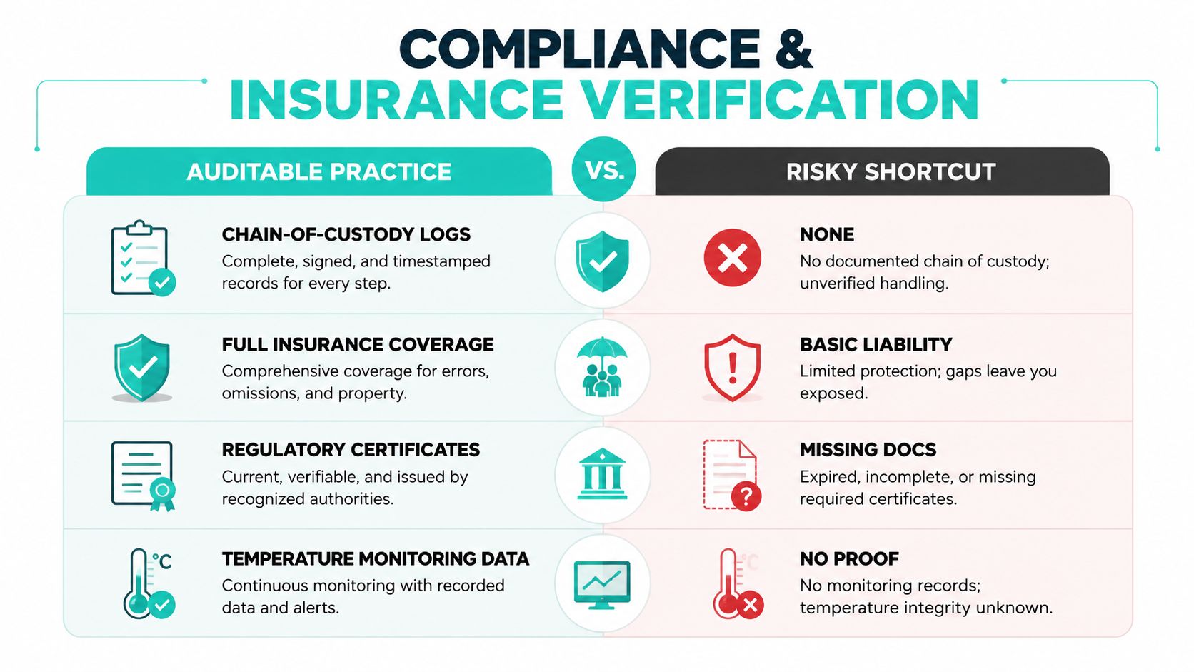 A comparison chart showing auditable practices versus risky shortcuts in compliance and insurance verification procedures.