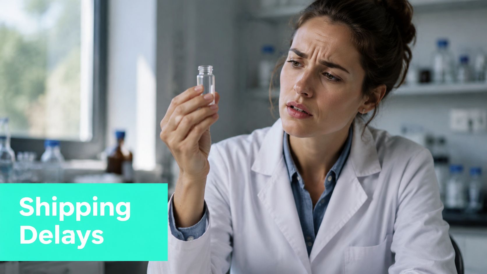 A scientist in a white coat looks concerned while holding a small glass vial in a laboratory.