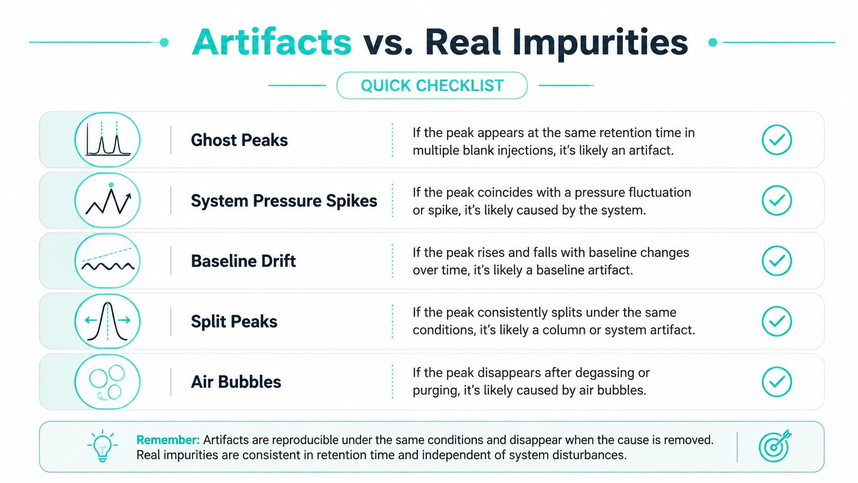 A quick checklist infographic illustrating common HPLC artifacts like ghost peaks, pressure spikes, and air bubbles.