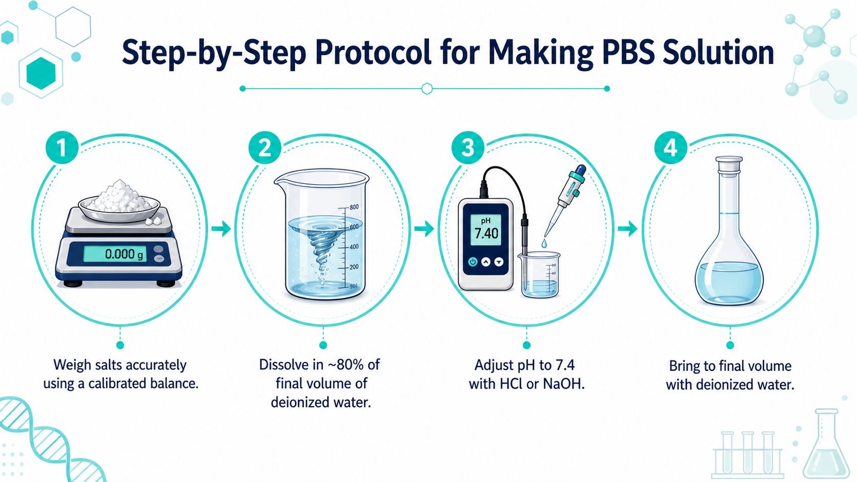 A four-step infographic showing the laboratory protocol for preparing PBS solution using a balance, beaker, and flask.