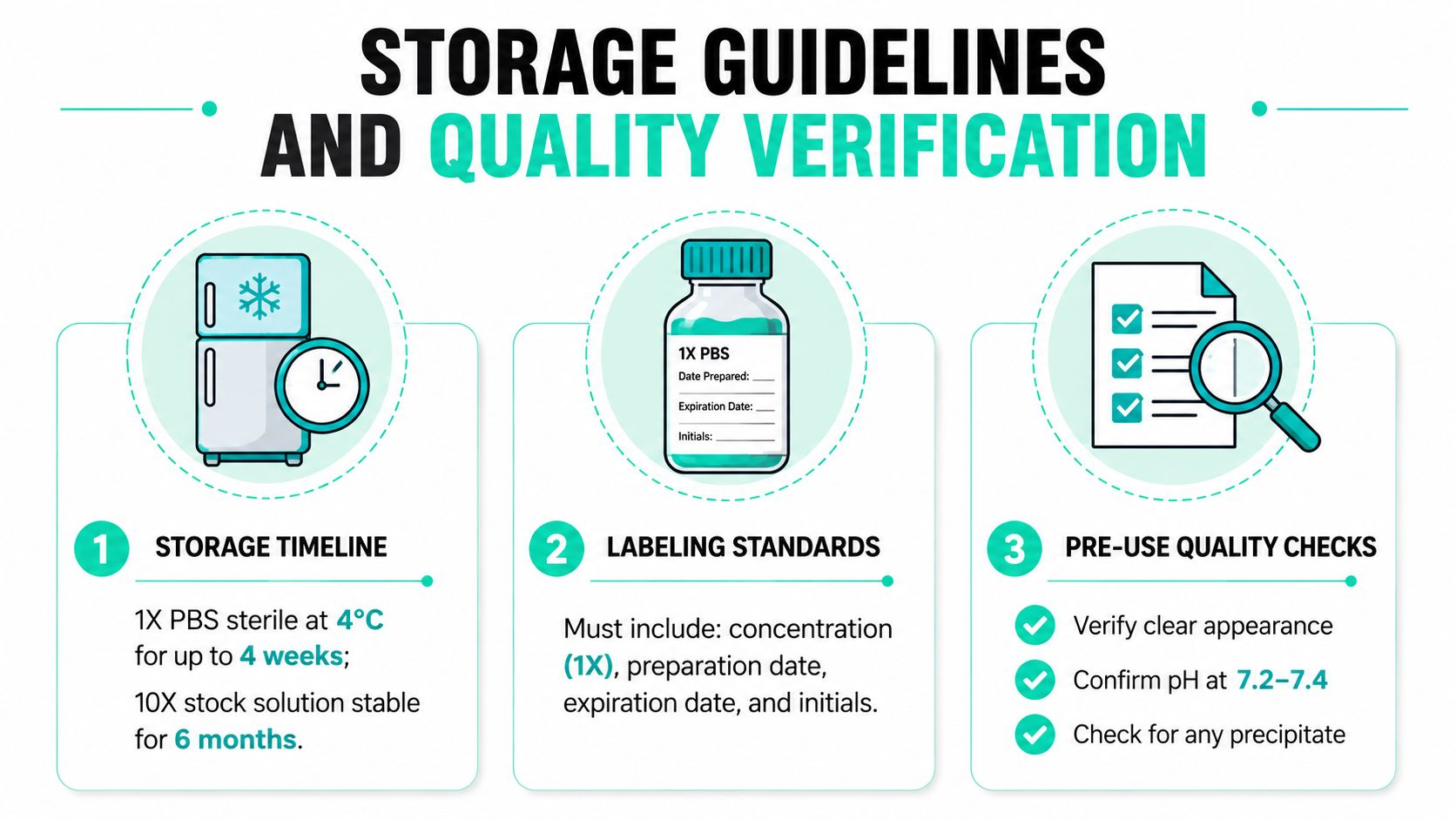 A storage guidelines and quality verification infographic for PBS solutions including timelines, labeling, and quality checks.
