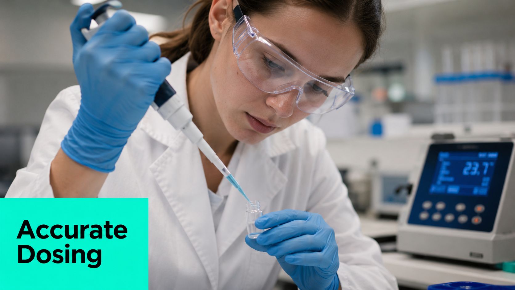 A scientist in a laboratory accurately pipetting a blue liquid into a small glass vial.