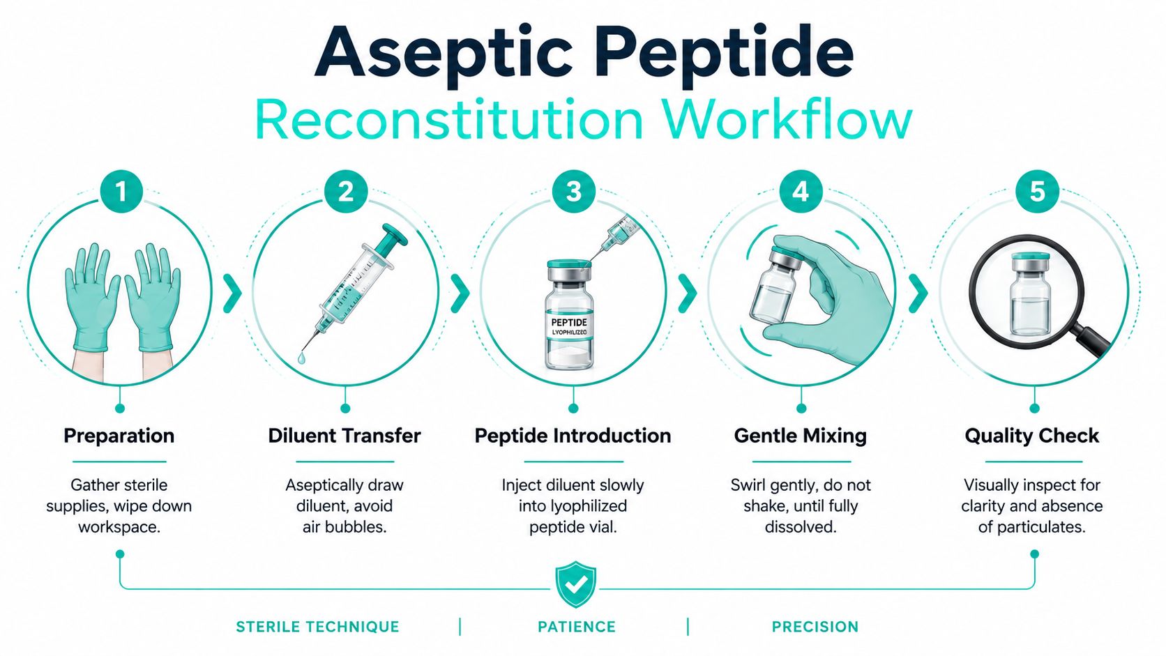 A five-step infographic showing the aseptic peptide reconstitution workflow for lab or medical research purposes.