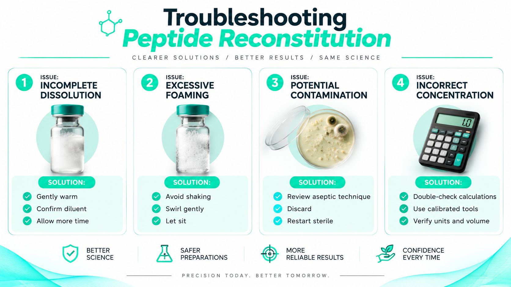 An infographic detailing troubleshooting tips for common peptide reconstitution issues including dissolution, foaming, contamination, and concentration errors.
