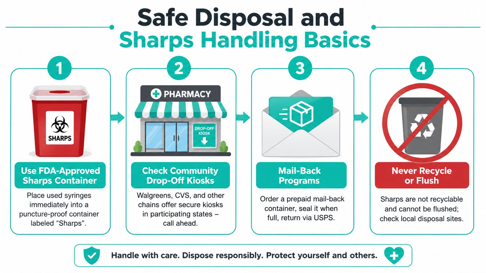 An infographic showing four steps for the safe disposal of used medical sharps and syringes at home.
