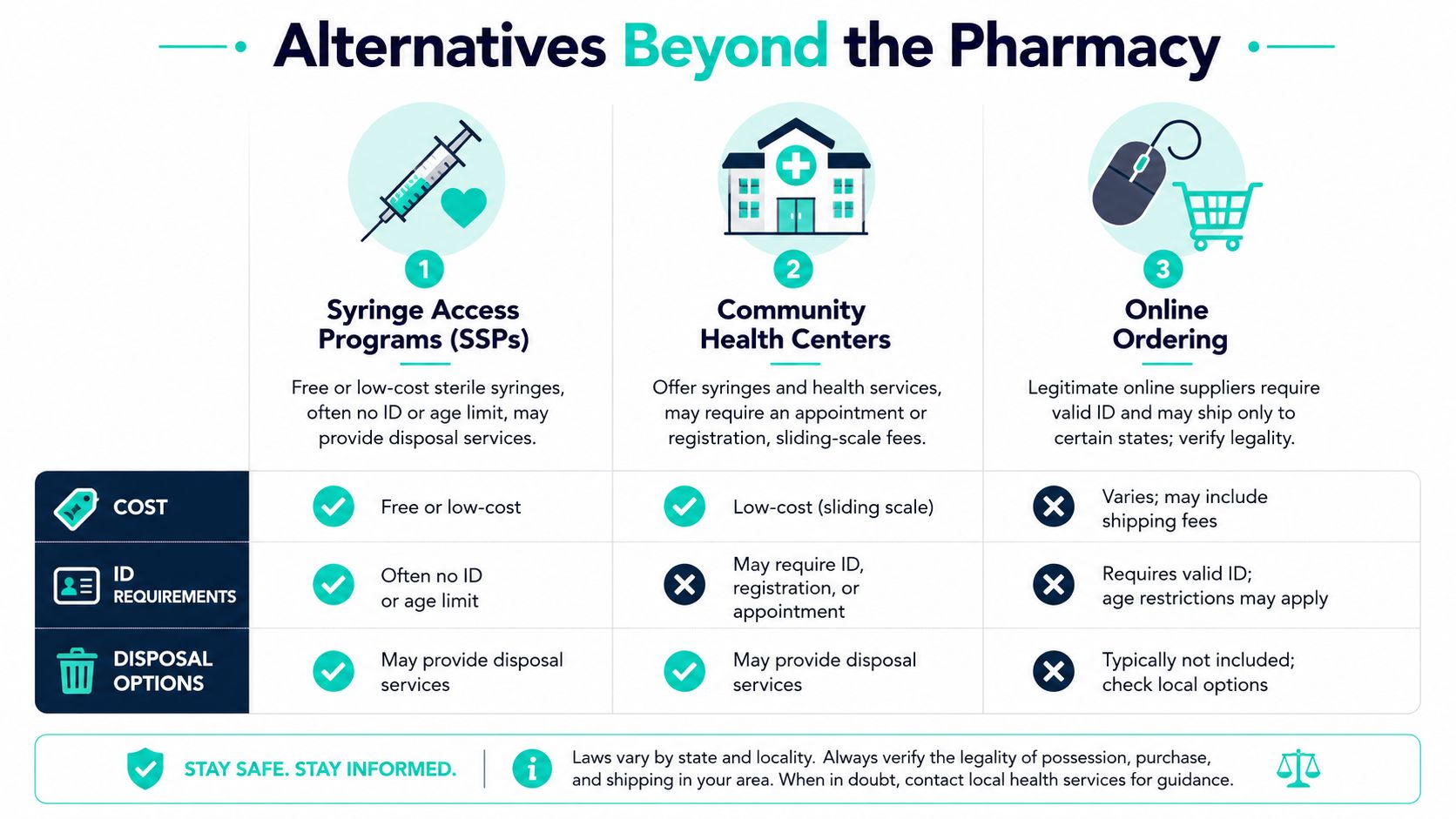 A comparison chart outlining options for accessing sterile syringes outside of pharmacies, including SSPS, health centers, and online.