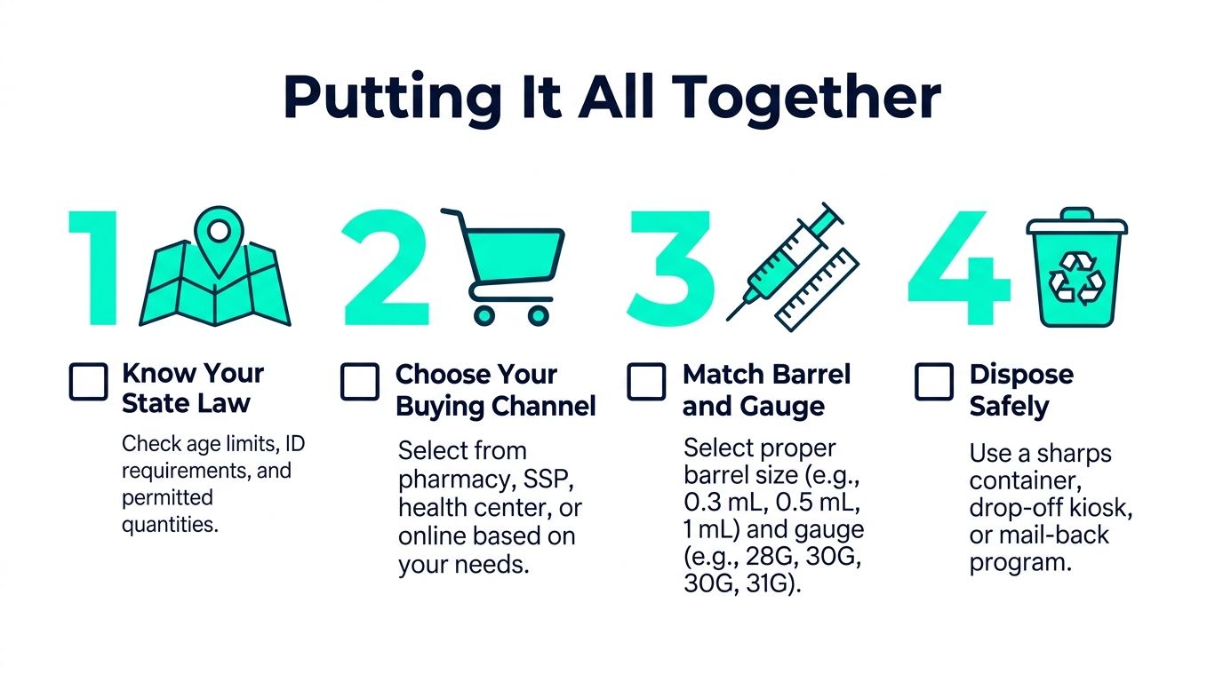 A four-step infographic illustrating the process of purchasing and safely disposing of insulin syringes.