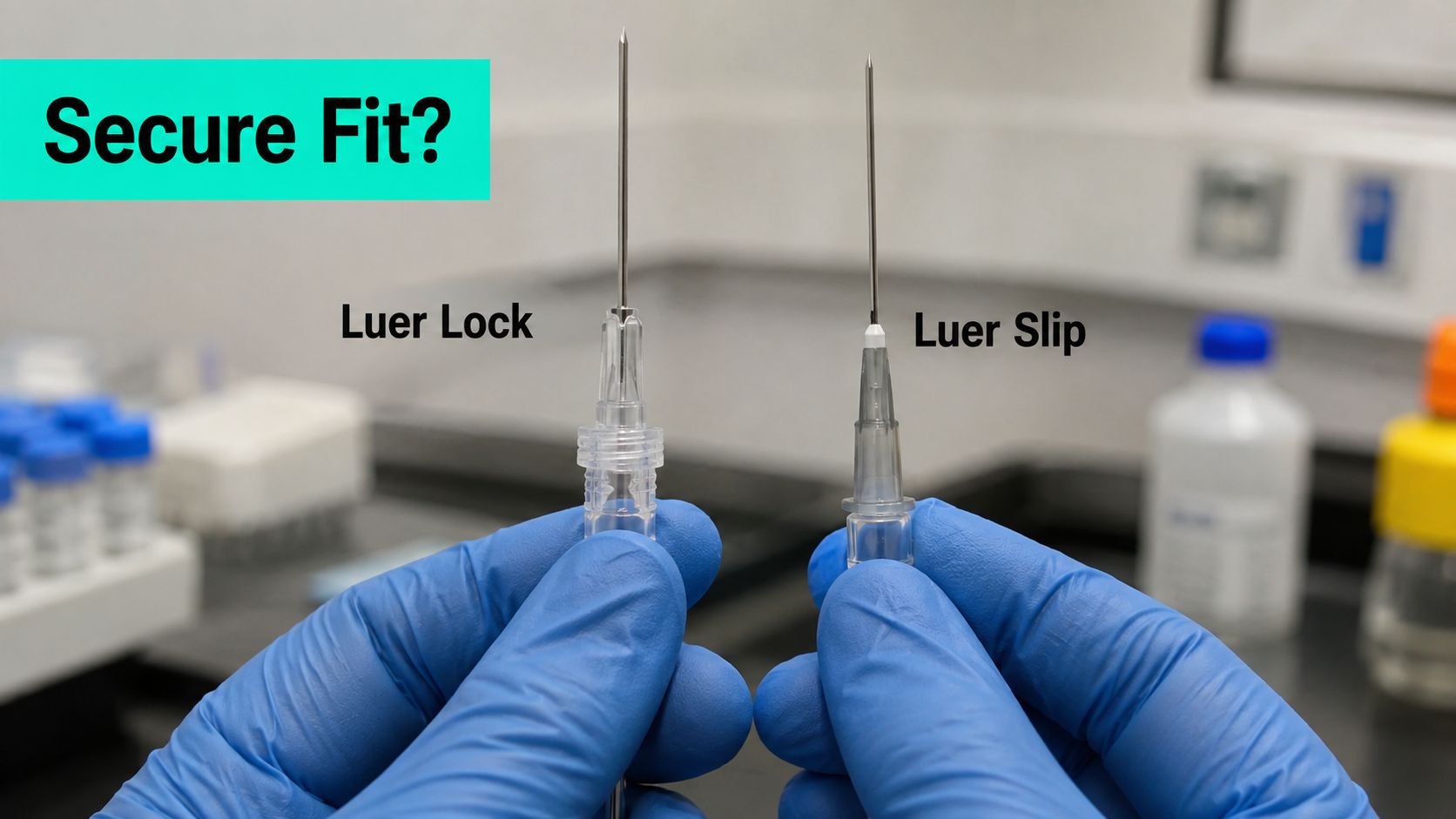 A close-up view of two types of needle attachments, Luer Lock and Luer Slip, held by gloved hands.