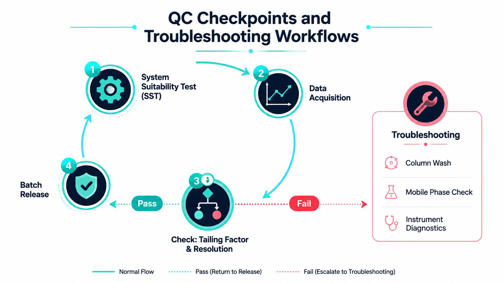 A diagram illustrating the quality control checkpoint and troubleshooting workflow for pharmaceutical method development and release processes.