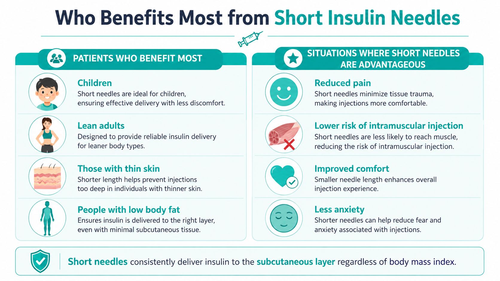 An infographic showing that short insulin needles provide comfortable, effective subcutaneous injections for children and lean adults.