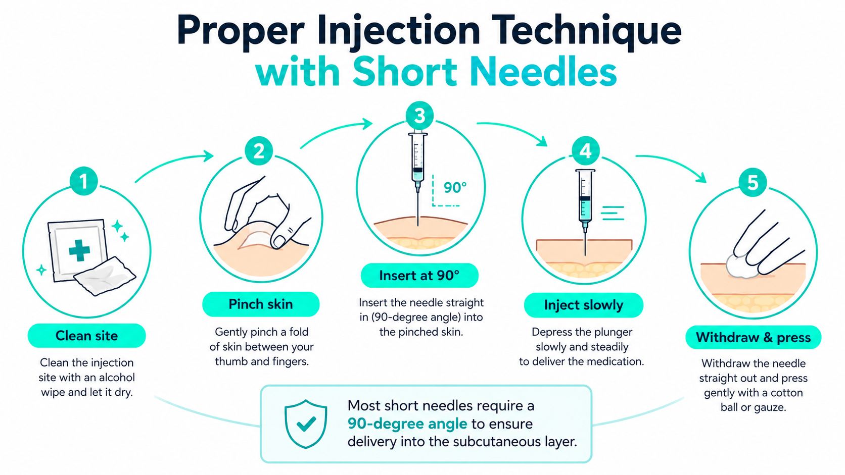 A step-by-step instructional guide on the proper injection technique for using short needles for subcutaneous medication.
