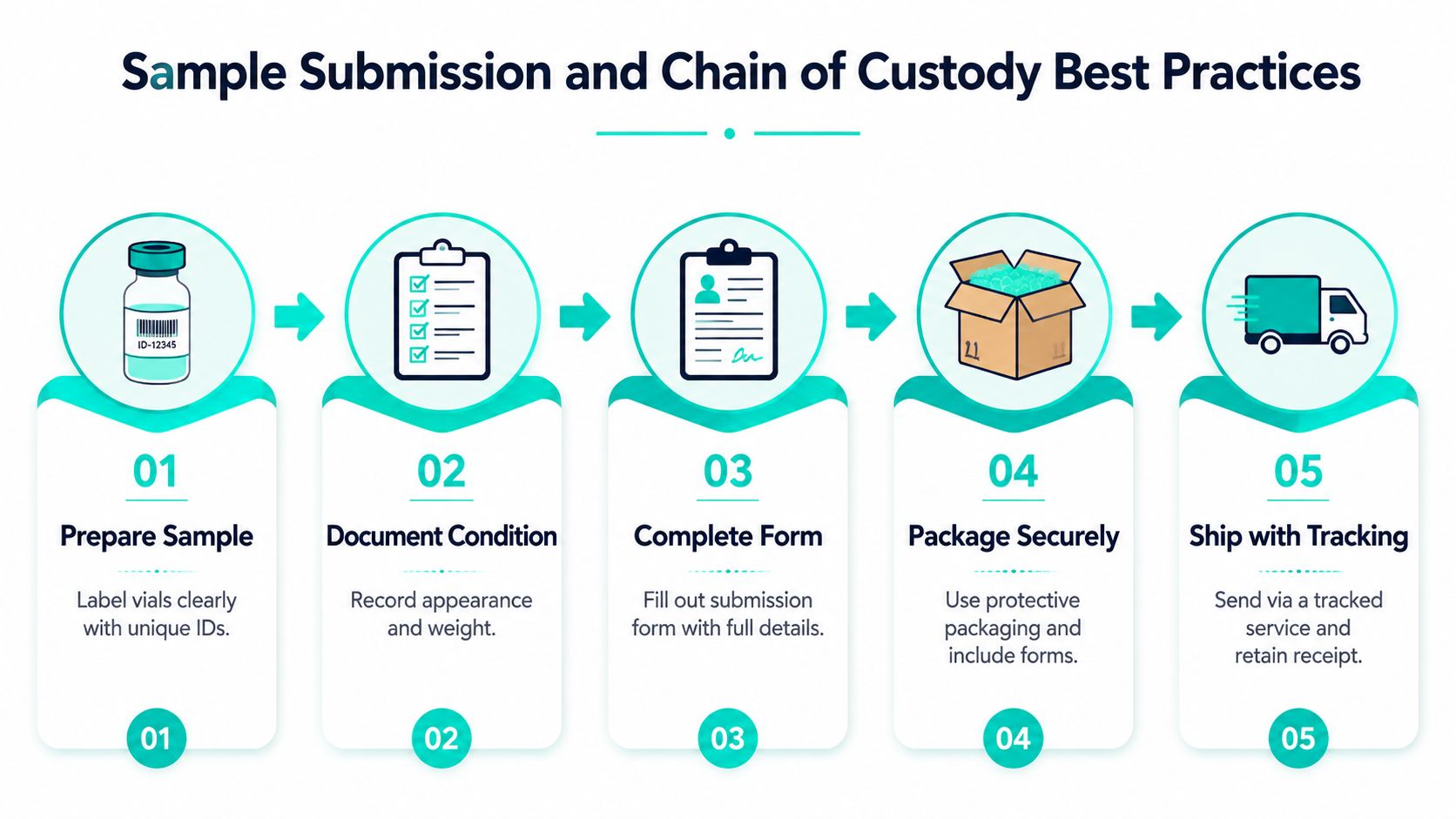 A five-step infographic showing best practices for sample submission and chain of custody for testing labs.