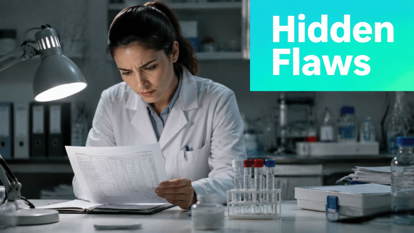 A scientist in a white coat reviewing laboratory documents with a magnifying glass in a laboratory.
