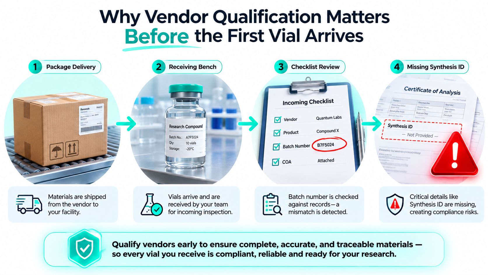 A four-step infographic illustrating the importance of the vendor qualification process before receiving laboratory research materials.
