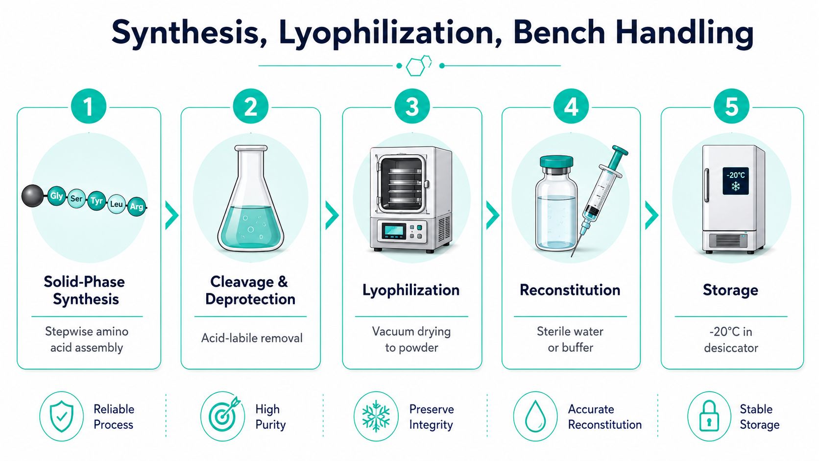 A process flow chart illustrating the five steps of peptide production from synthesis to final storage.